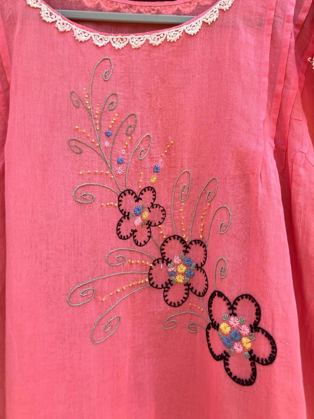 1930's Embroidered Sheer Pink Cotton Dressing Gown Night Gown Dress floral lace - Picture 4 of 10